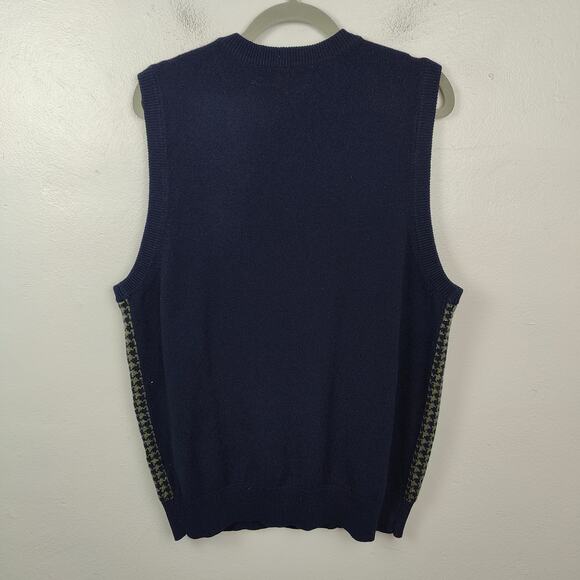 Vintage‎ L.L. Bean Vest Mens Medium Navy Blue Green Houndstooth 100% Lambswool - Picture 4 of 5